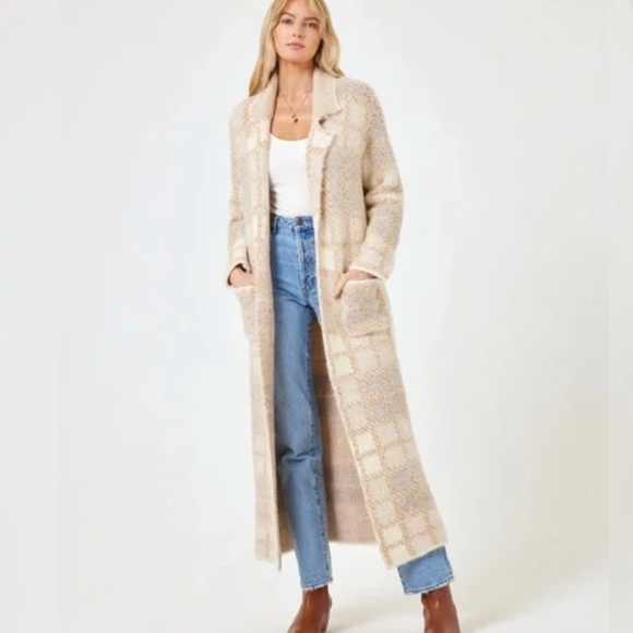NWT L*Space Hygge Coat Tan Plaid Knit Midi Duster Jacket Womens XS/S - Picture 1 of 12